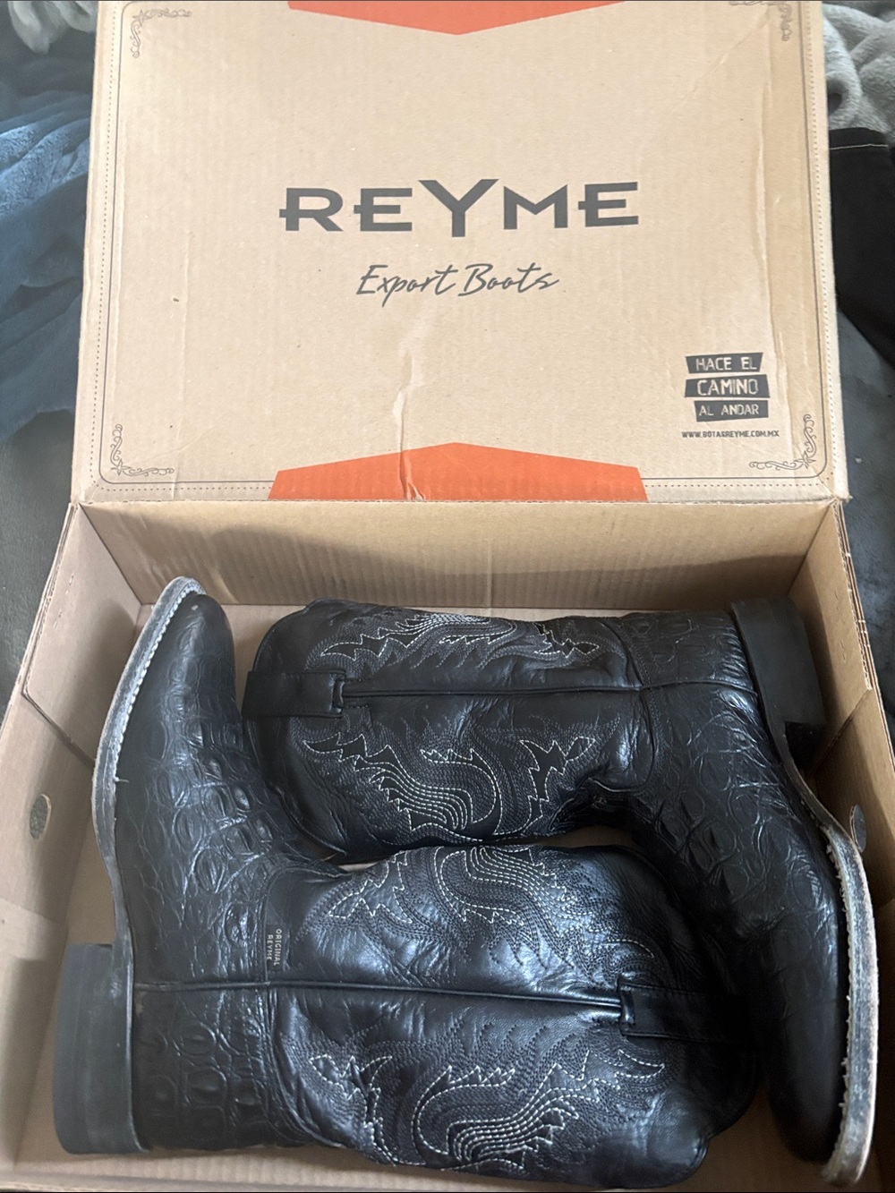 REYME Black Croc-Embossed Leather Cowboy Boots with White Stitching